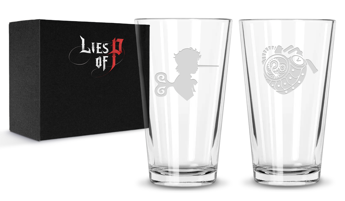 Etched Lies of P Pint Glasses - Load Screen Silhouette & P Organ - Paired in Gift Box