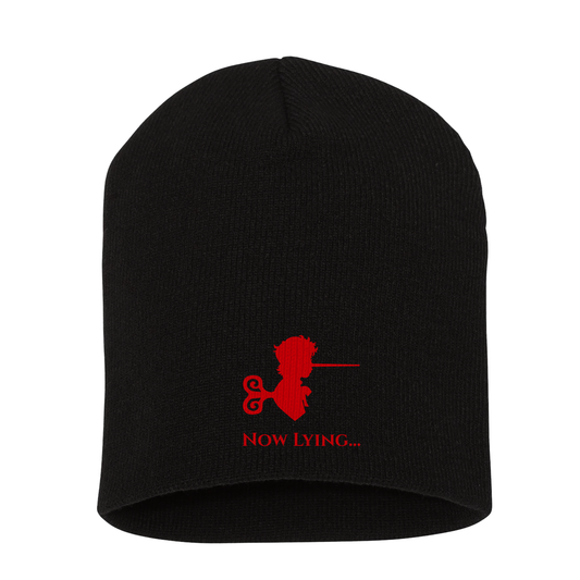 Lies of P - Embroidered "Now Lying" Knit Beanie (Red on Black)