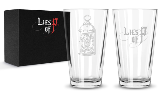 Etched Lies of P Pint Glasses - Lies of P Logo and Monad's Lamp - Paired in Gift Box