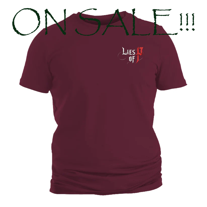 20% OFF - Lies of P - Deus Ex Machina Front Chest Logo/Full Back Print T Shirt  (Burgandy Body)