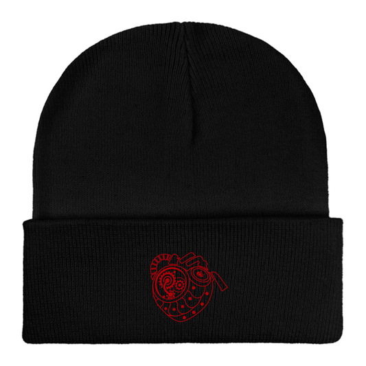 Lies of P - Embroidered "P Organ" Cuffed Knit Beanie (Red on Black)
