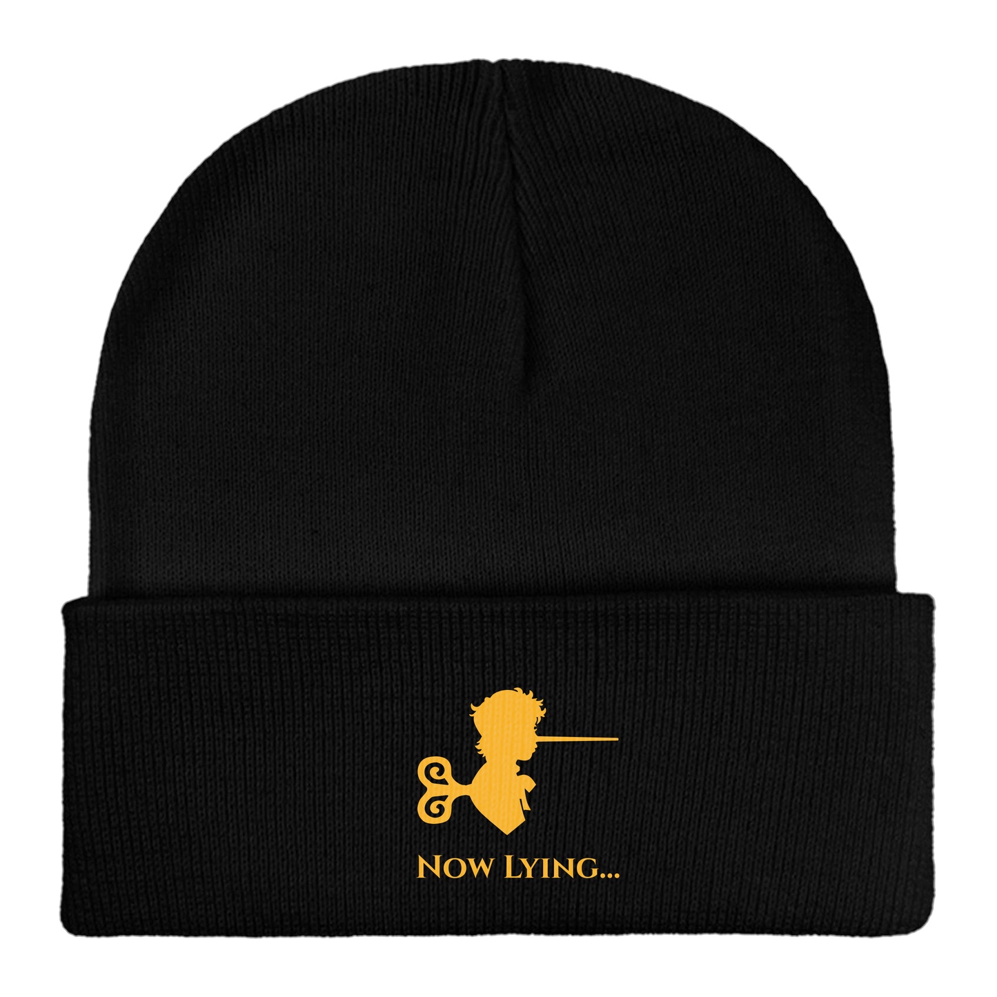 Lies of P - Embroidered "Now Lying" Cuffed Knit Beanie (Gold on Black)